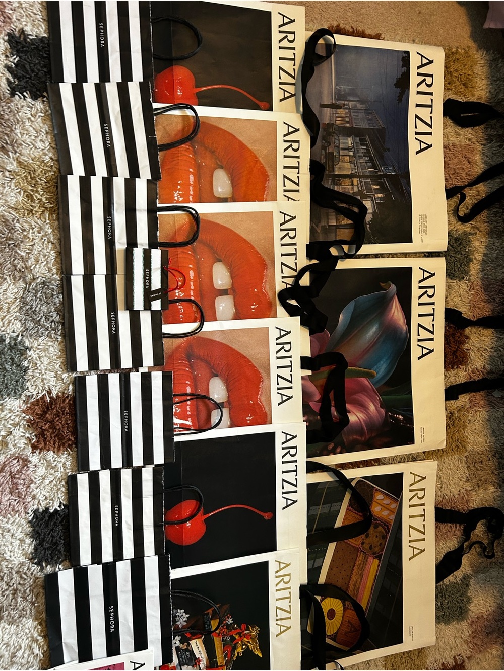 Aritzia Black and White Striped & Multicolor Paper Shopping Bags